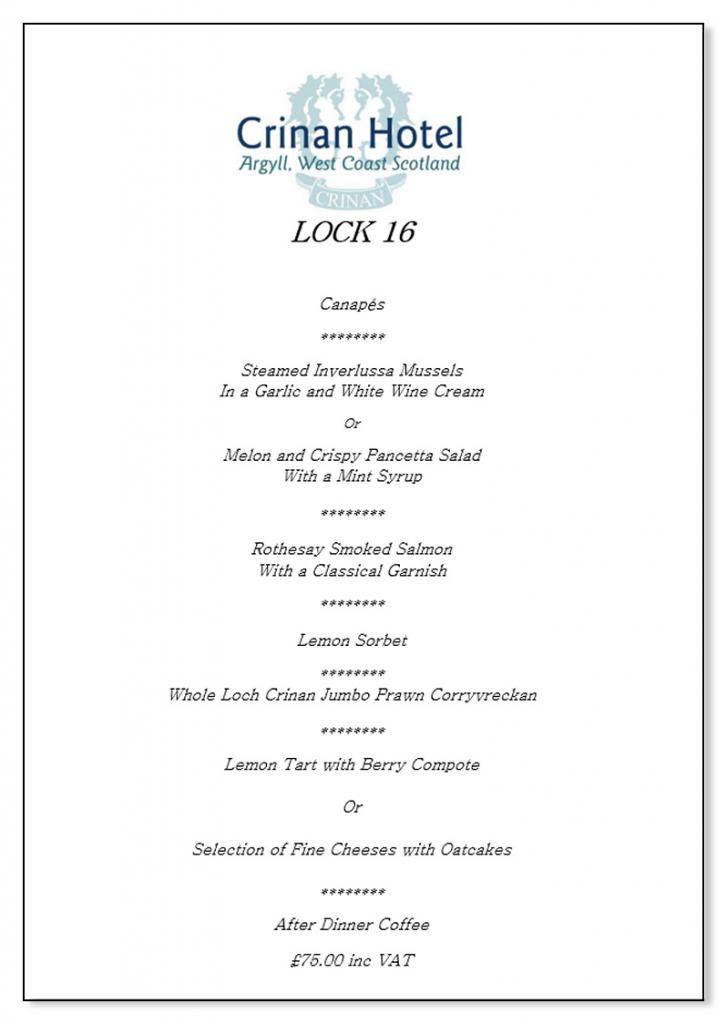 Crinan Hotel Dining Sample Menus